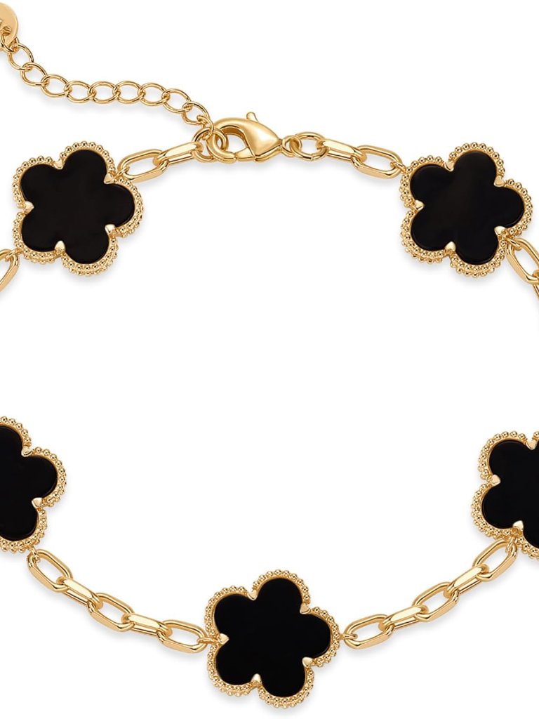 Stunning 14k Gold Plated Clover Bracelet With Onyx Gemstone Adjustable Gift